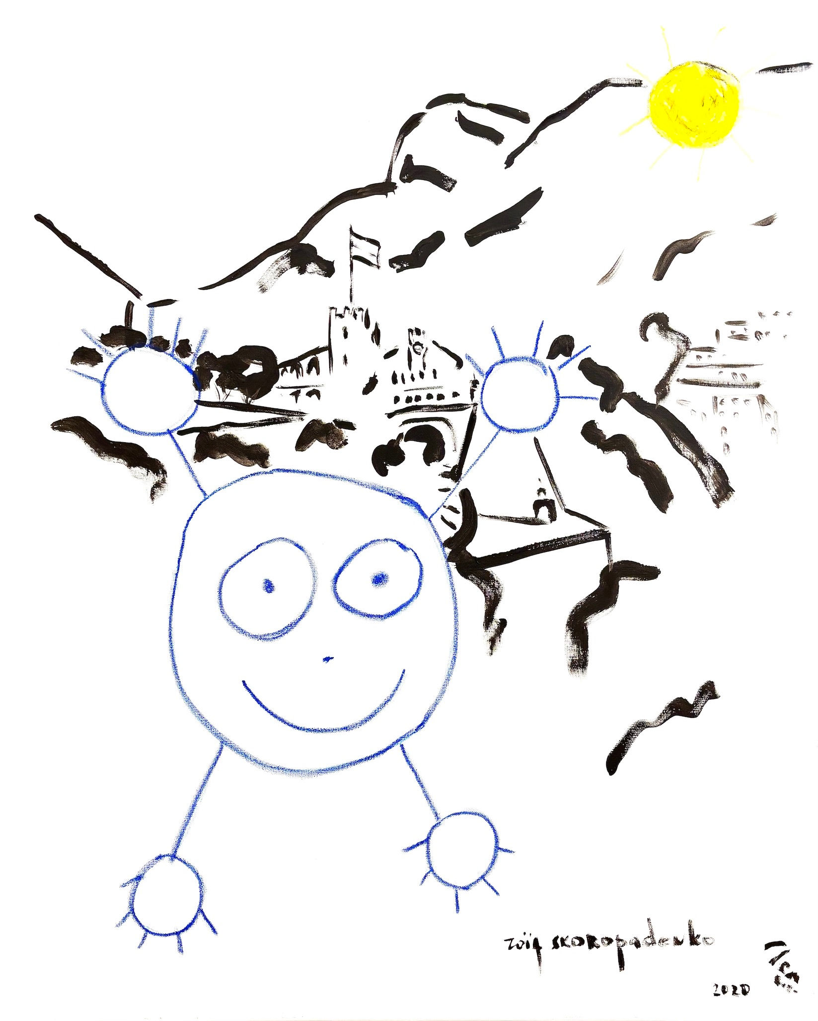 Original painting of a large blue outlined figure in front of a palace on a rock, a yellow sun at upper right, signed Zoia Skoropadenko with 2020 inscribed on the canvas