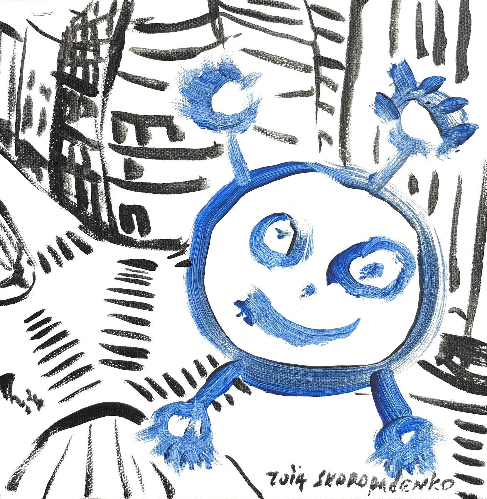 Original painting of a blue round figure among dense black marks of signs and crossing stripes, signed Zoia Skoropadenko